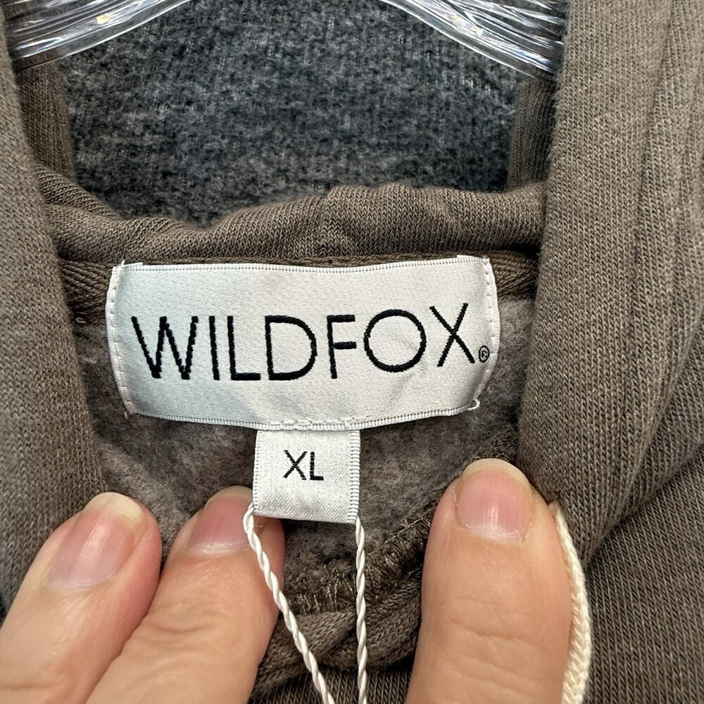 Wildfox Who Dis Harley Graphic Fleece Hoodie Taupe Gray Boxy Raw Hem Size XL NWT - Picture 10 of 16
